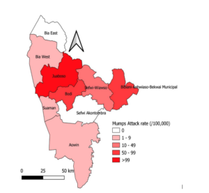 Figure 2: Distribution of mumps attack rates by district, Western North Region, August 2022